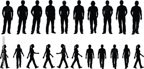 Vector illustration of standing and walking human silhouettes in various postures and perspectives, symbolizing motion, lifestyle, ergonomics, and dynamic behavior concepts