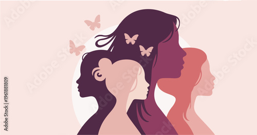 Stages of Life Women's Progression Banner; Four Female Silhouettes from Youth to Maturity with Butterflies; Vector Illustration for Aging Gracefully, Motherhood, and Generational Growth Headers.