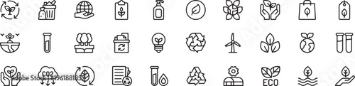 Environment Icon Set. Editable Stroke Line Icons. Ecology and Nature Symbol. Green Energy and Recycling Icon Collection. Climate Change Concept. Vector Illustration