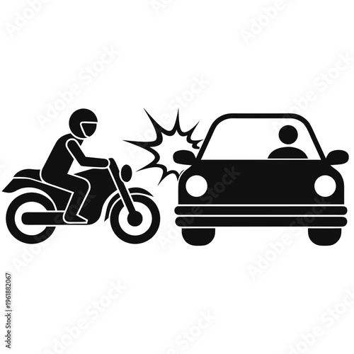 Black and white illustration of a motorcycle colliding with a car, highlighting a traffic accident.
