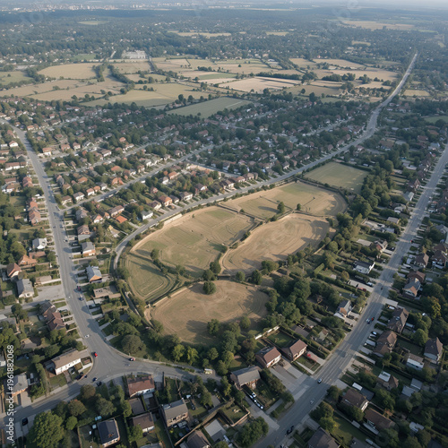 Aerial view of suburban houses, roads, and undeveloped land.
