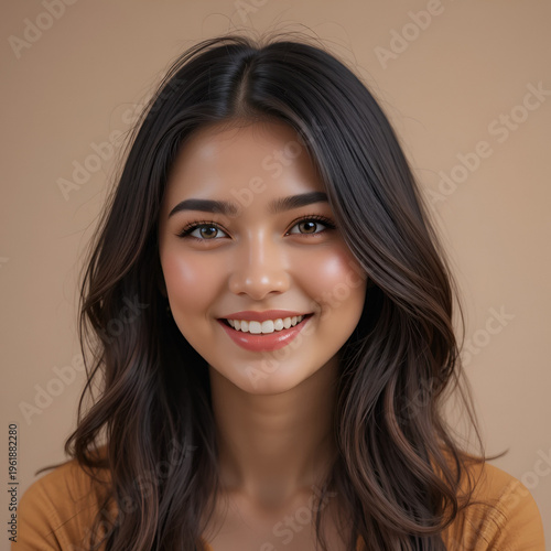 Beautiful free-spirited independent smart-looking woman on copy space background, attractive female smiling studio photo with simple and natural beauty, feel good smile