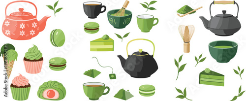 Matcha tea and desserts collection with teapots, cups, sweets and ingredients, Japanese green tea set for cafe menu, food design and vector illustration