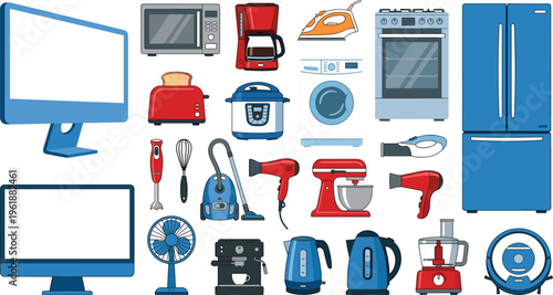 Comprehensive vector set of colorful home electronic appliances featuring refrigerators computers kitchen gadgets and various laundry tools.