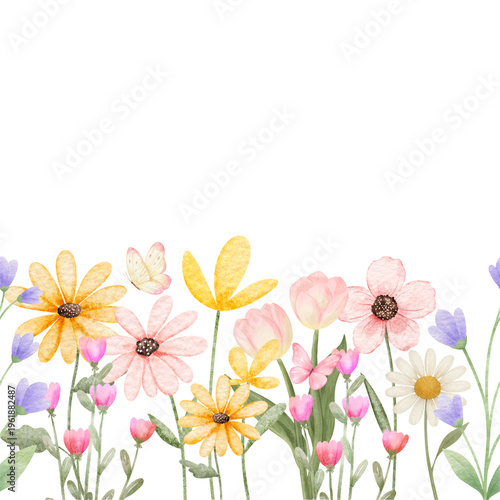 Seamless Border made with watercolor pastel fragile wildflowers, stems and tiny leaves, isolated illustration. Floral element for wedding stationery and greetings cards