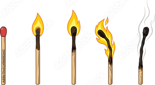 Burning Matchstick Sequence Showing Ignition Flame Growth and Extinguished Smoke Stage Vector Illustration Isolated on Light Background