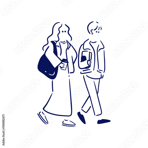 コーヒーを持って話ながら歩く2人の女性のイラスト