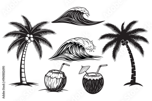 Tropical Beach Vector Illustration with Palm Trees, Ocean Waves, and Coconut Drinks