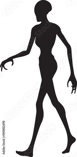 Alien creature silhouette, thin humanoid figure walking, sci fi character illustration