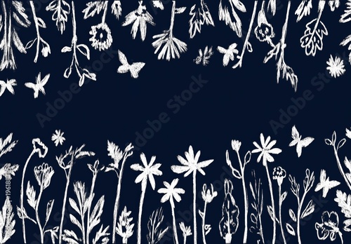 White hand-sketched flowers, leaves, and butterflies create decorative top and bottom borders on a rich navy blue background