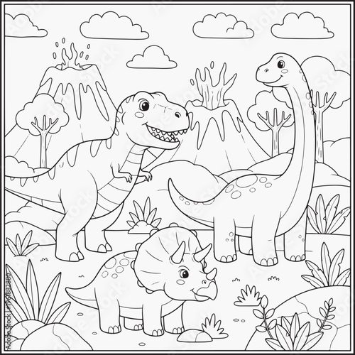 A playful scene of dinosaurs with a volcano and clouds coloring page