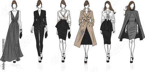 Fashion women models collection elegant outfits runway style clothing modern chic dresses coats office wear vector illustration stylish female characters set