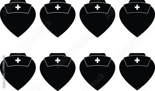 Eight black heart-shaped icons with a nurse's cap and a white cross, representing healthcare, medical professionals, and love for nursing.