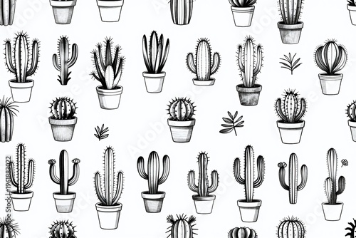 a bunch of cactus plants in pots on a white background