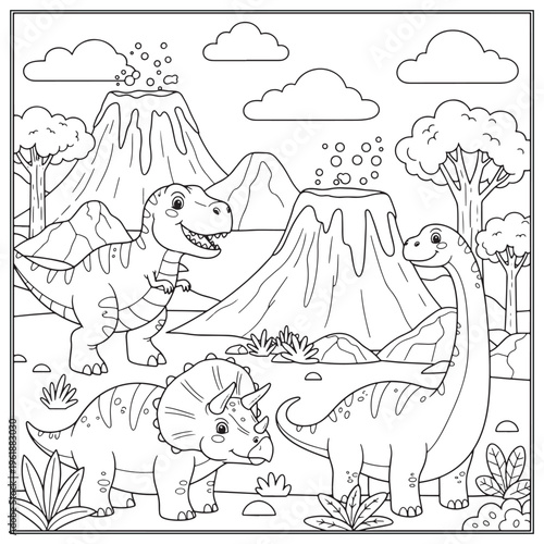 A playful scene with dinosaurs mountains and clouds in a coloring page style