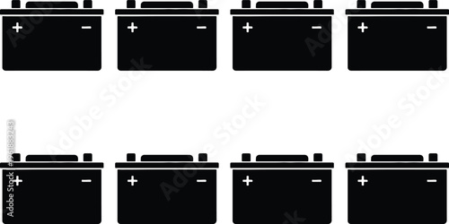 Group of identical black car battery icons, symbolizing power, energy, and automotive components for technical or transport themes.