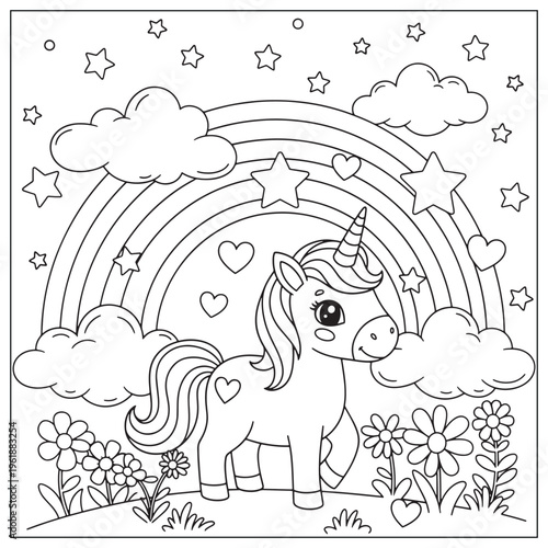 A charming black and white illustration of a unicorn under a rainbow