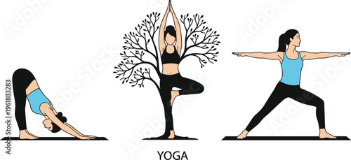 Yoga poses set women practicing asana stretching balance fitness wellness healthy lifestyle illustration tree pose warrior downward dog minimal flat design
