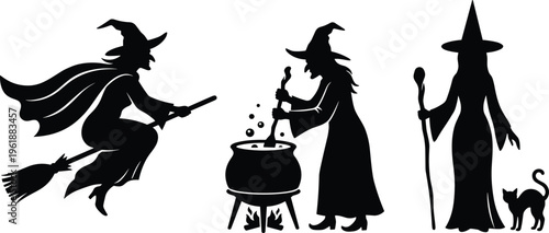 Halloween Witch Silhouettes Collection Featuring Flying Witch on Broom, Potion Brewing Cauldron Scene and Witch with Cat Vector Illustration Design