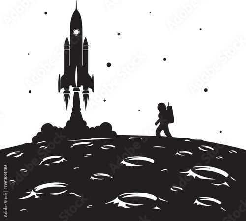 Astronaut vector illustration silhouette on moon, rocket launch, space exploration