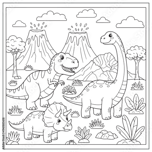 A playful scene of dinosaurs with volcanoes and lush prehistoric vegetation