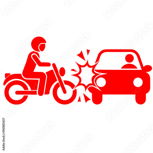 A minimalist, red-and-white vector illustration depicting a collision between a motorcycle and a car.