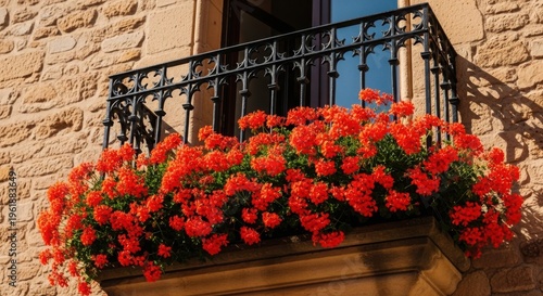 Colorful balcony filled with vibrant red flowers against stone wall. Balcony showcases beautiful geraniums enhancing outdoor space, creating an inviting atmosphere for residential environments.