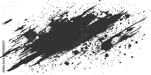 A textured vector illustration featuring an abstract black ink splat with grunge paint drips and liquid spray patterns on a dirty splatter stain background element