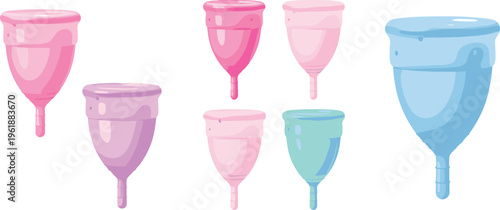 Menstrual cups collection with reusable feminine hygiene products in different colors and sizes, eco friendly period care set for health awareness and vector illustration