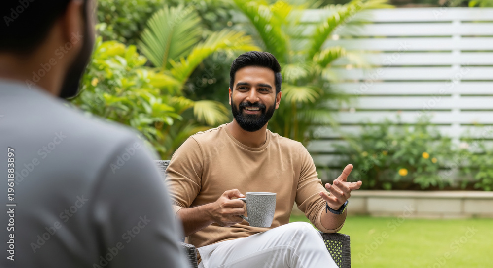 Obraz premium Man with beard happily chats with friend in garden