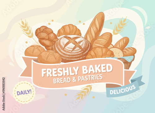 Freshly baked bread and pastries on a colorful background daily