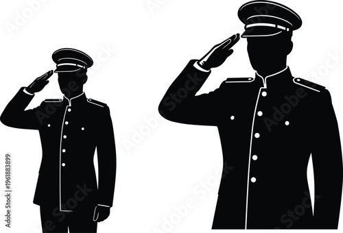 Military Officer Saluting Silhouette Illustration Showing Respectful Army Soldier in Uniform Performing Salute Gesture Isolated on White Background