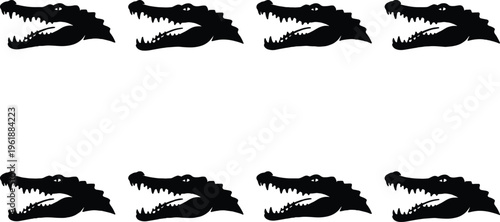 Multiple black silhouettes of alligator heads with open jaws and sharp teeth, symbolizing danger and the wild.