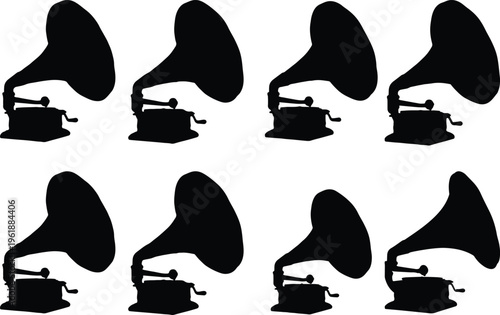 Seamless pattern of vintage gramophone silhouettes, evoking nostalgia and retro music, perfect for design backgrounds and artistic concepts.