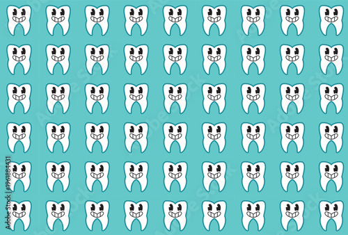 Cheerful seamless background pattern featuring cute, smiling cartoon teeth on a soft light blue backdrop. Ideal for dental clinic wallpaper, children's tooth brushing charts, and friendly pediatric de