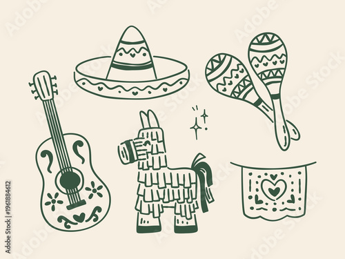 Hand drawn Mexican culture doodle set with guitar, sombrero, maracas, pinata and papel picado banners.
