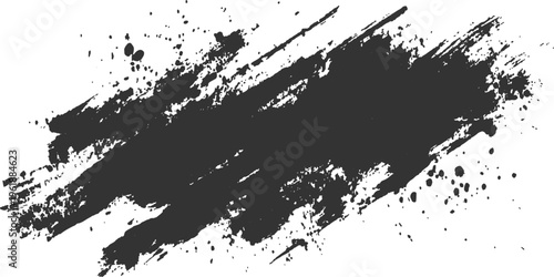 A grunge black ink splat vector illustration featuring a dirty paint spray pattern with liquid drip stains and artistic brush splatter elements on a textured white background