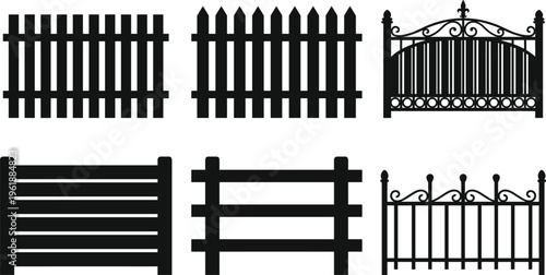 Collection of six fence and gate silhouettes, vector illustration of picket, slat, wrought iron decorative designs, flat vector illustration
