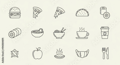 Collection of Food Icons - Burger, Pizza, Taco, Coffee, and More.