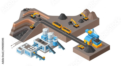 Isometric Coal Mining Operation with Excavators and Processing Plant.