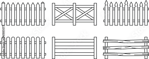 Collection of six fence silhouettes, vector illustration of picket, slat, crisscross, rustic wooden fencing designs, flat vector illustration