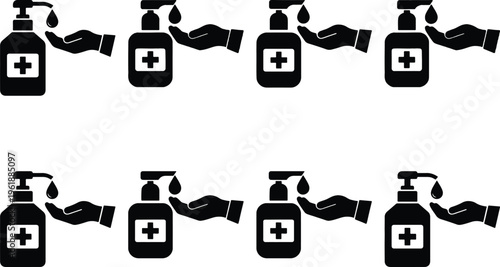 Collection of black hand sanitizer icons, showing liquid dispensing onto a hand with a cross symbol, representing hygiene and protection.