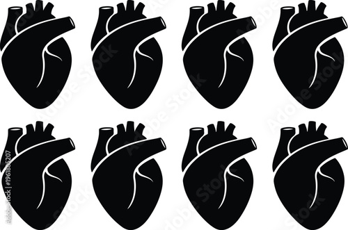 Seamless pattern of black anatomical heart icons on a white background, symbolizing love, health, and life in a minimalist graphic design.