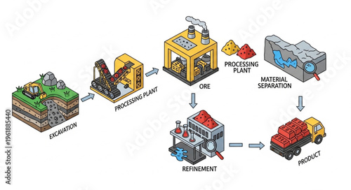 Isometric Mining and Processing Plant Illustration.