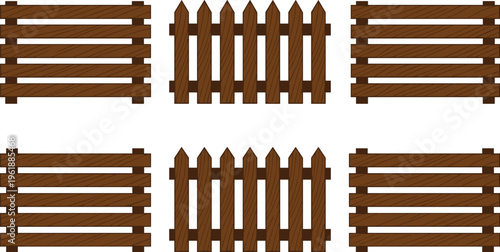 Collection of six fence silhouettes, vector illustration of wooden picket and slat fencing designs for garden and landscape, flat vector illustration