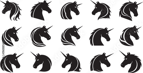 Collection of black unicorn silhouettes on white background