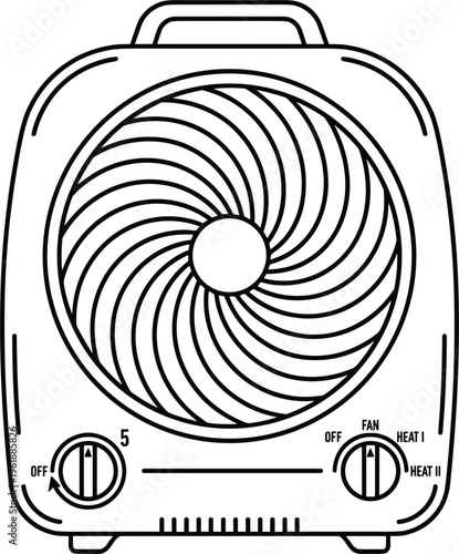 Detailed black and white vector line illustration of a portable electric space heater with spiral grille and control knobs.
