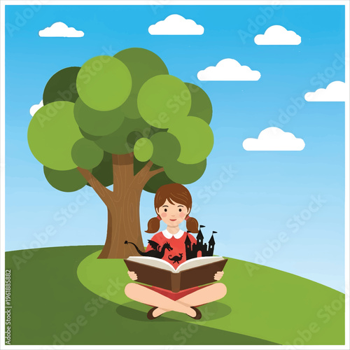 A young girl immersed in the magical world of a book, surrounded by a whimsical landscape under a clear blue sky with fluffy clouds vector design