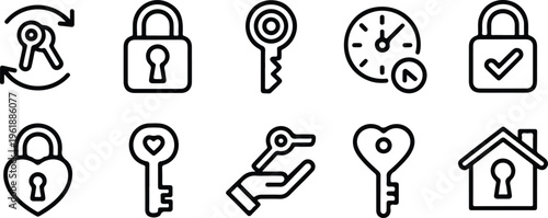 Collection of key and lock icons for safety, authentication, and access control clean line art vector illustration set