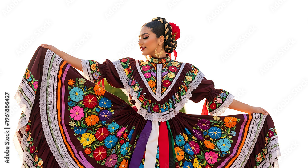 Fototapeta premium Woman Wearing Colorful Traditional Mexican Dress Dancing for Cinco de Mayo Celebration with Vibrant Cultural Costume